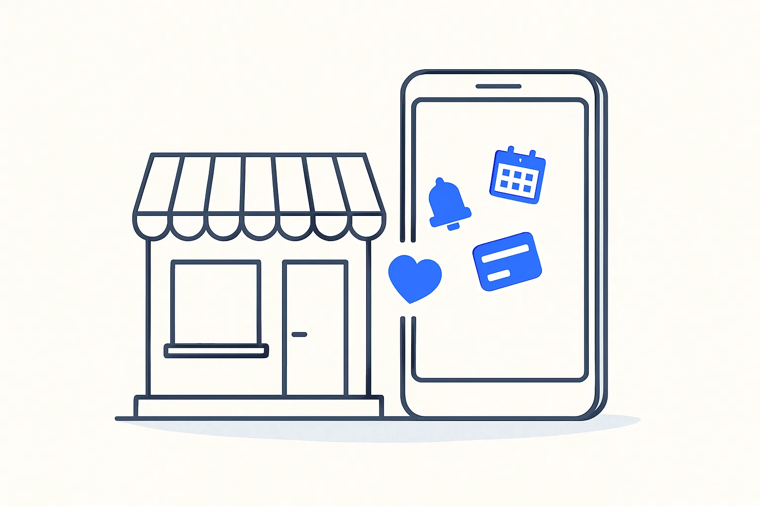 Small shopfront beside a smartphone sending blue calendar, card, bell and heart icons toward its door