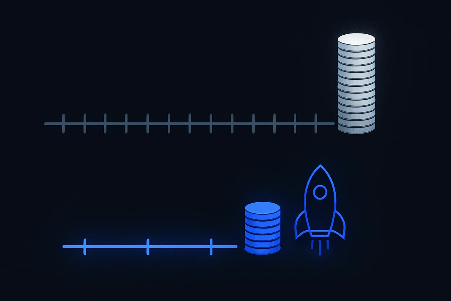 Two timelines compared: a long grey agency build with a tall coin stack versus a short blue AI build with a small stack
