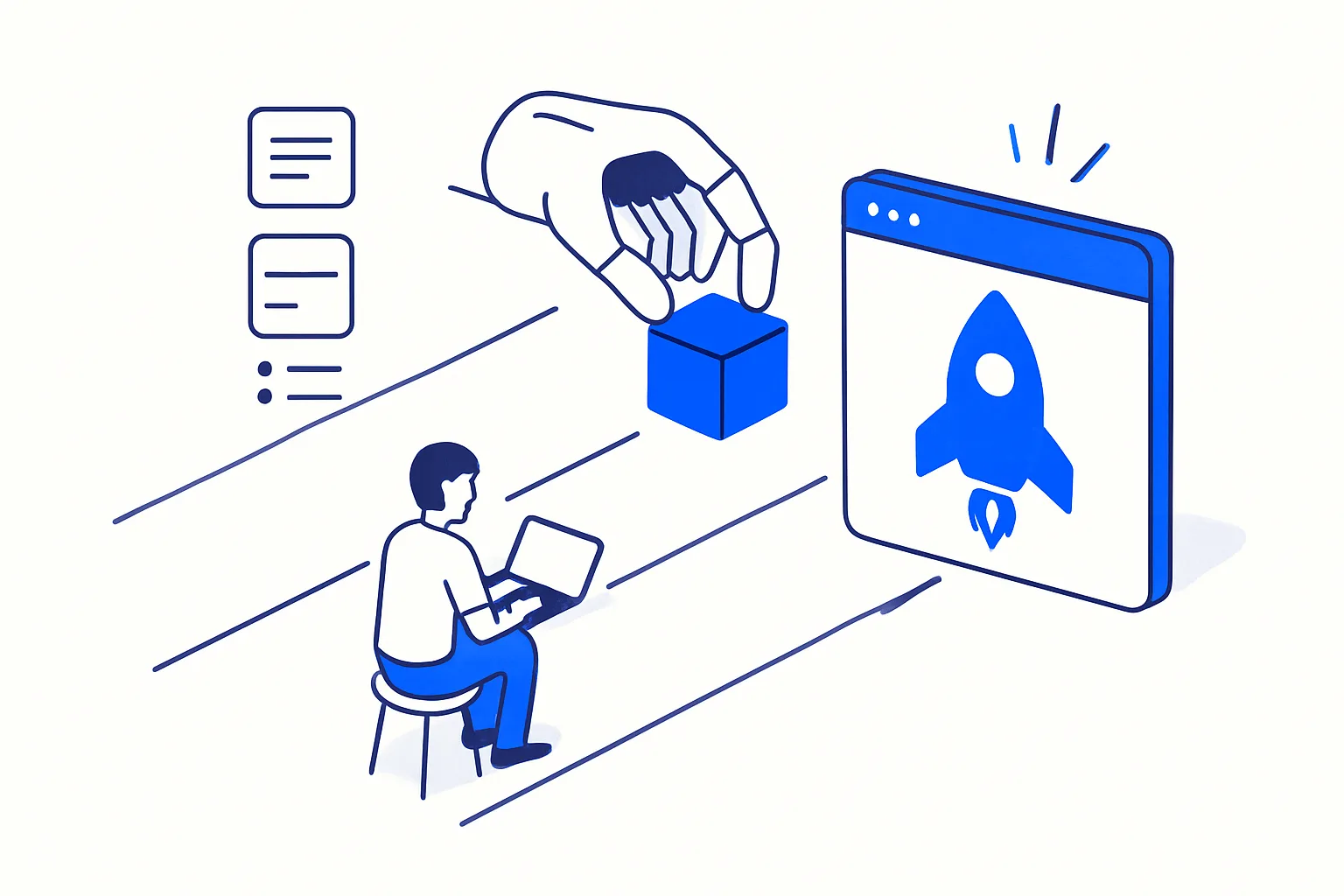 Three-lane comparison of visual builder, AI agent and freelance developer paths converging on a launched product