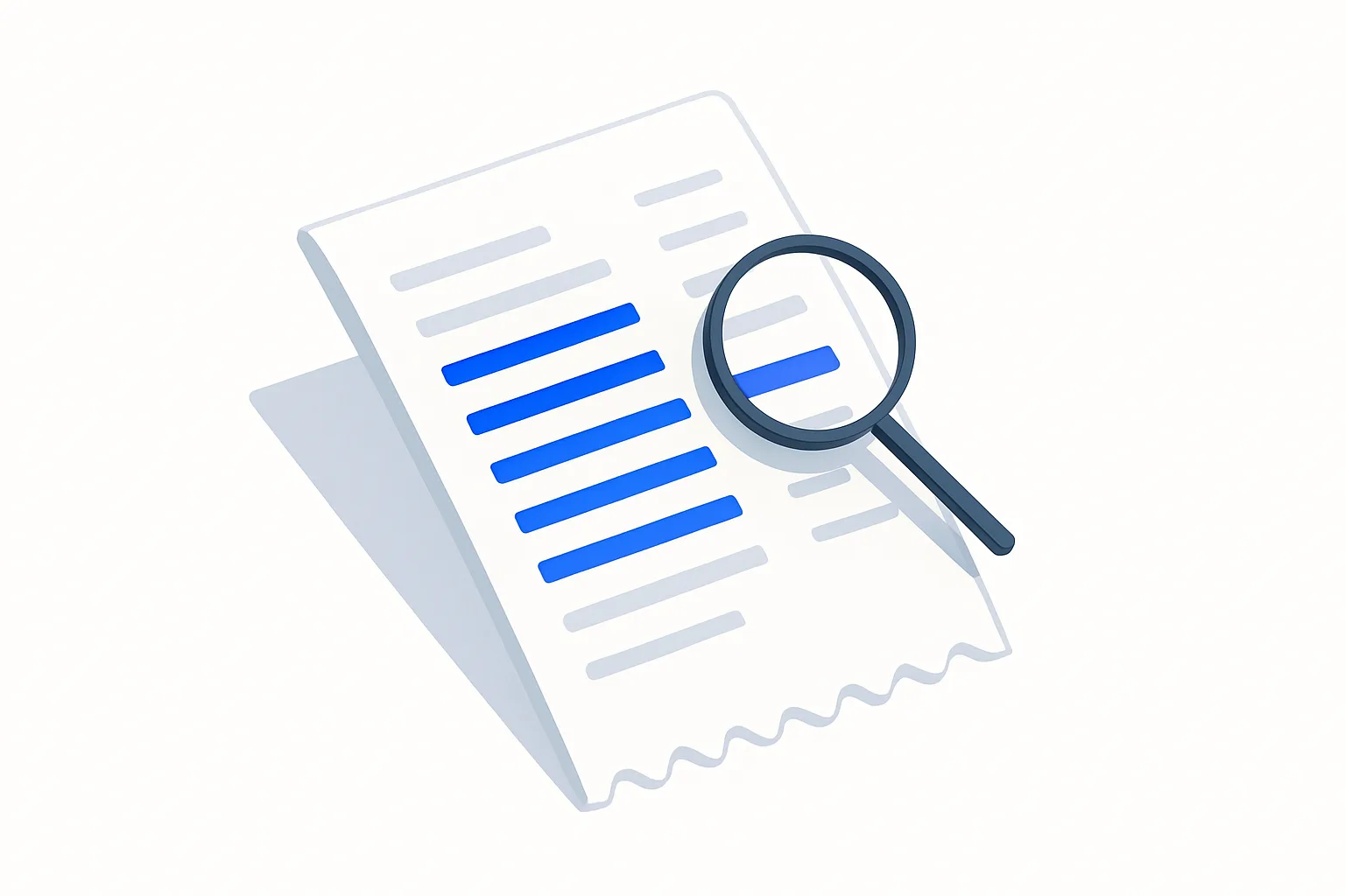Stylised cloud invoice with five line items highlighted in blue under a magnifying glass