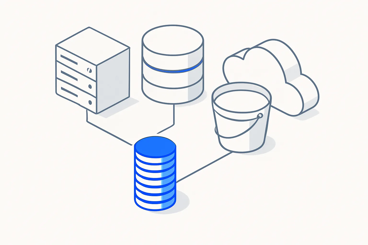 Isometric row of server, database, storage and cloud icons each linked to a proportional stack of coins