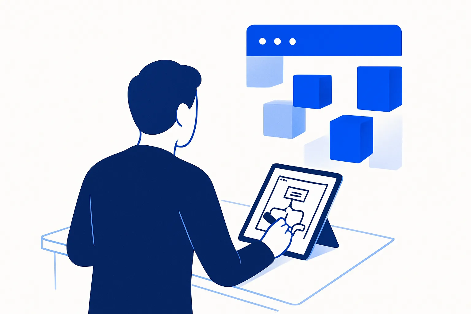 Founder sketching a SaaS product flow on a tablet while abstract blue code blocks assemble beside it