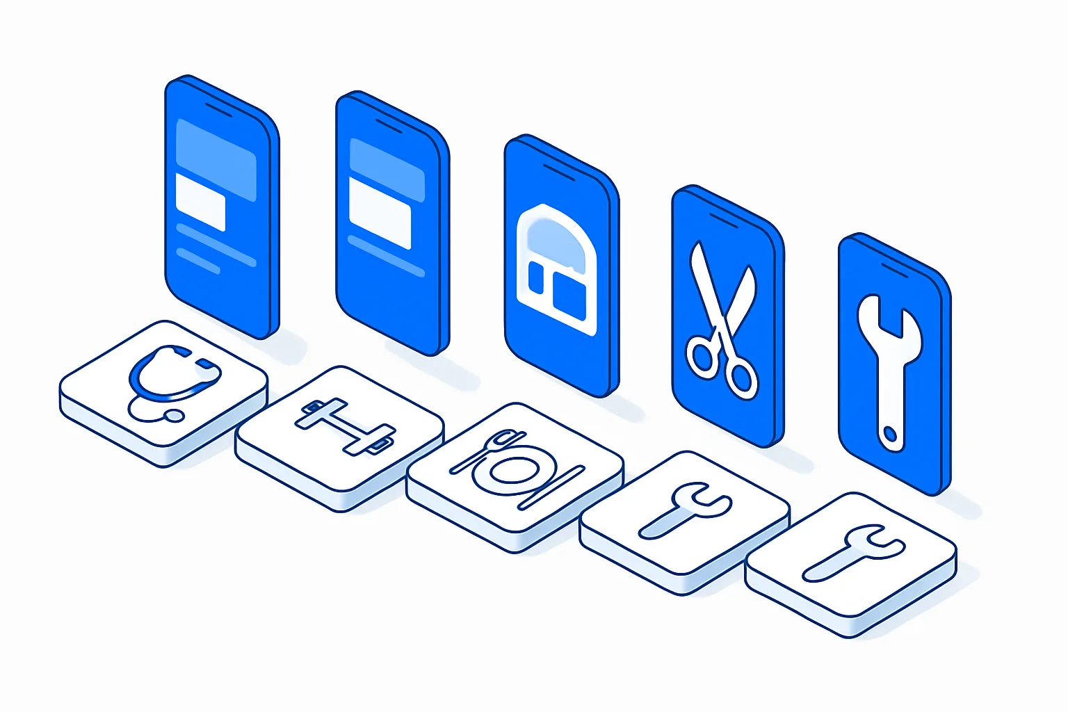 Five isometric tiles for clinic, gym, restaurant, salon and contractor each paired with a blue app screen