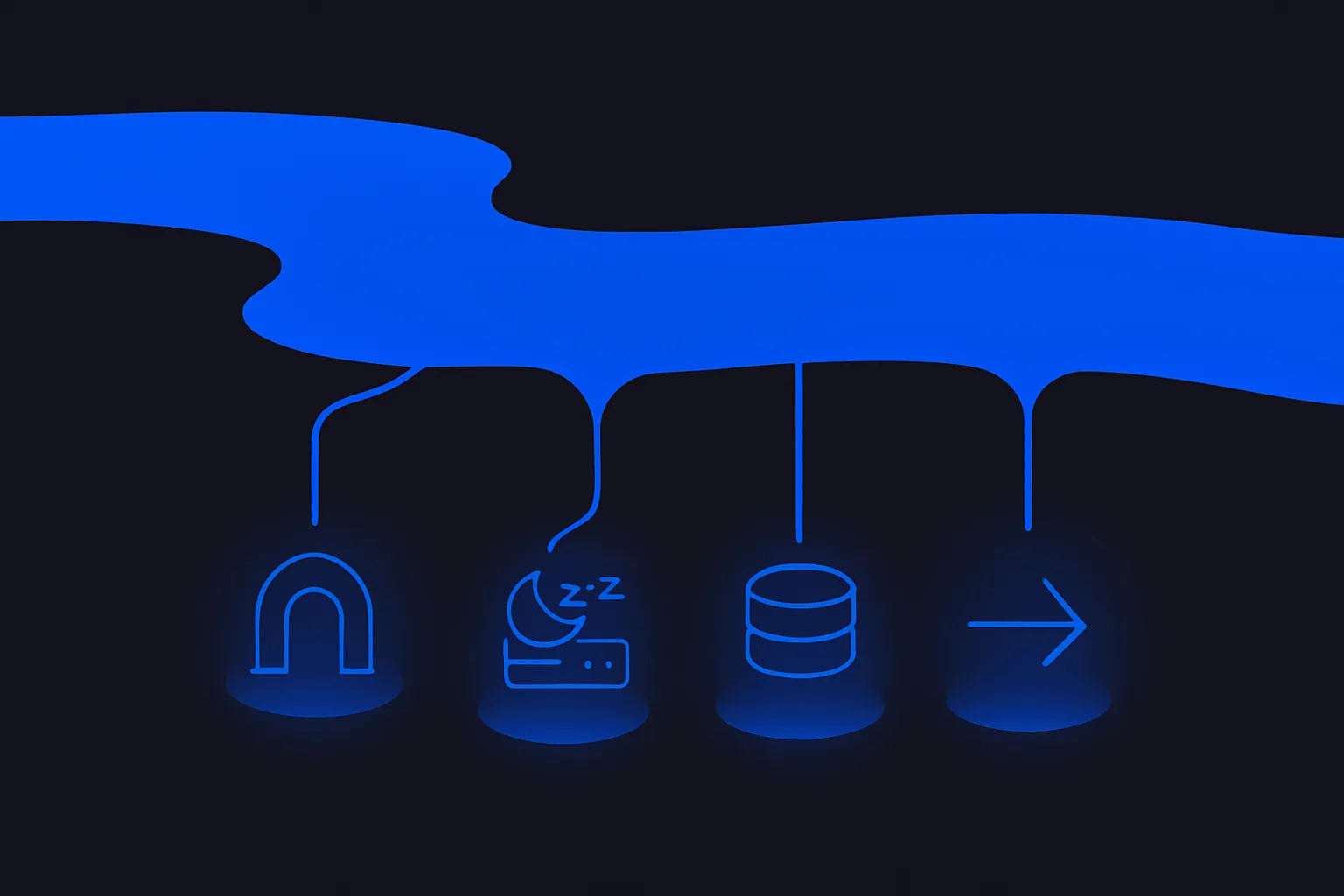 Blue river of cloud spend with tributaries leaking into pools for NAT gateway, idle servers, oversized database and egress