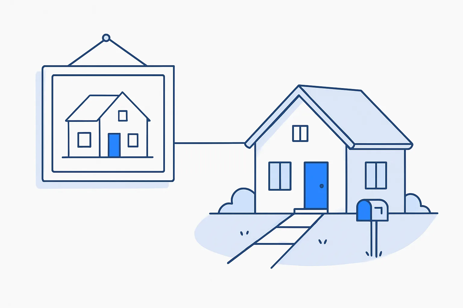 A framed drawing of a house beside the real house with a blue front door