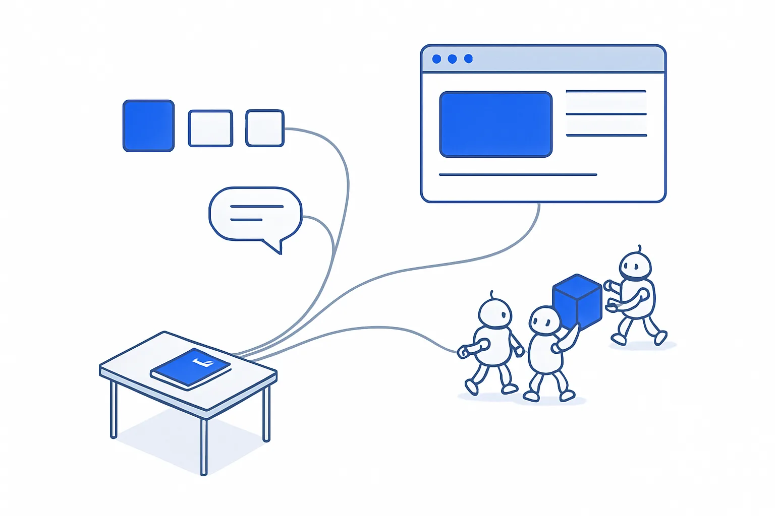 Three paths from one founder's desk converging on a single web app window