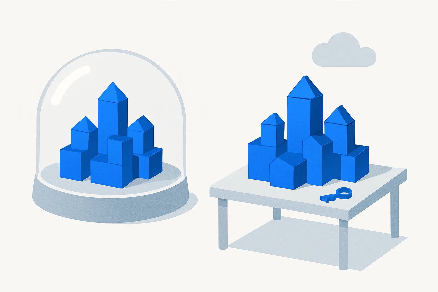 A sealed snow globe holding a block city beside the same city standing free on an open table with a key