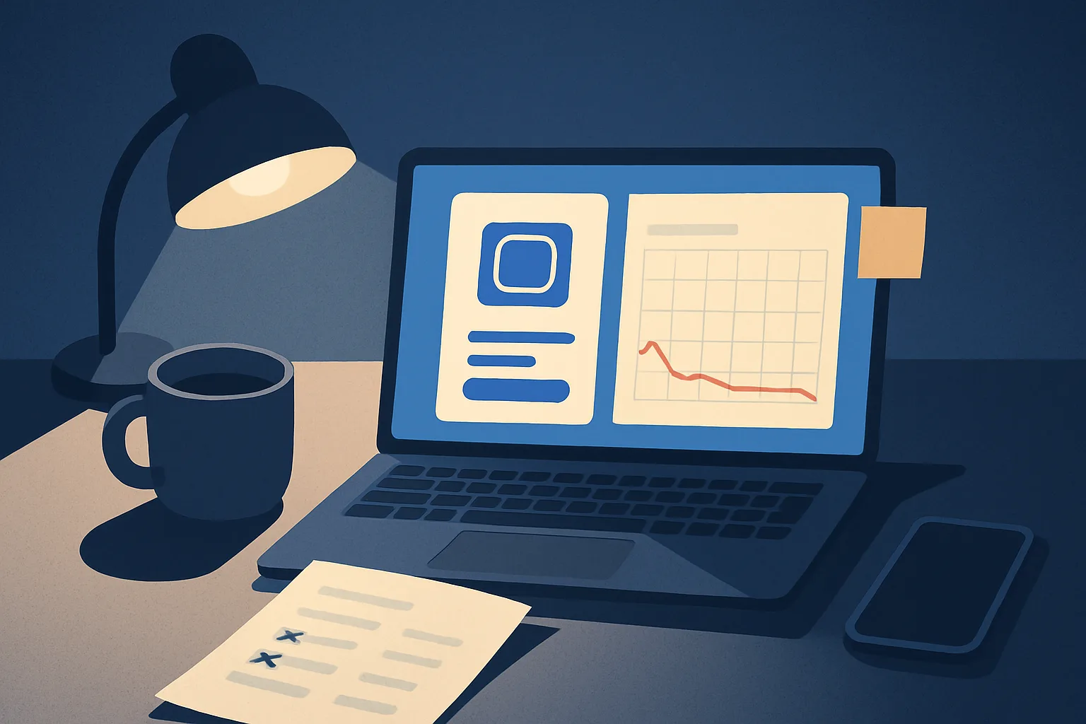 Founder's desk at night: a finished app on screen beside an empty traffic graph and a marked-up pricing page