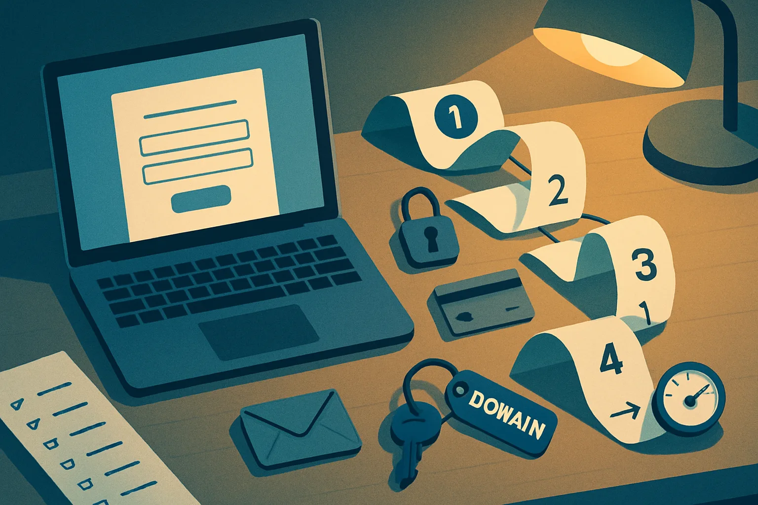 Overhead illustration of a launch checklist cut into strips and reordered into a numbered chain on a founder's desk