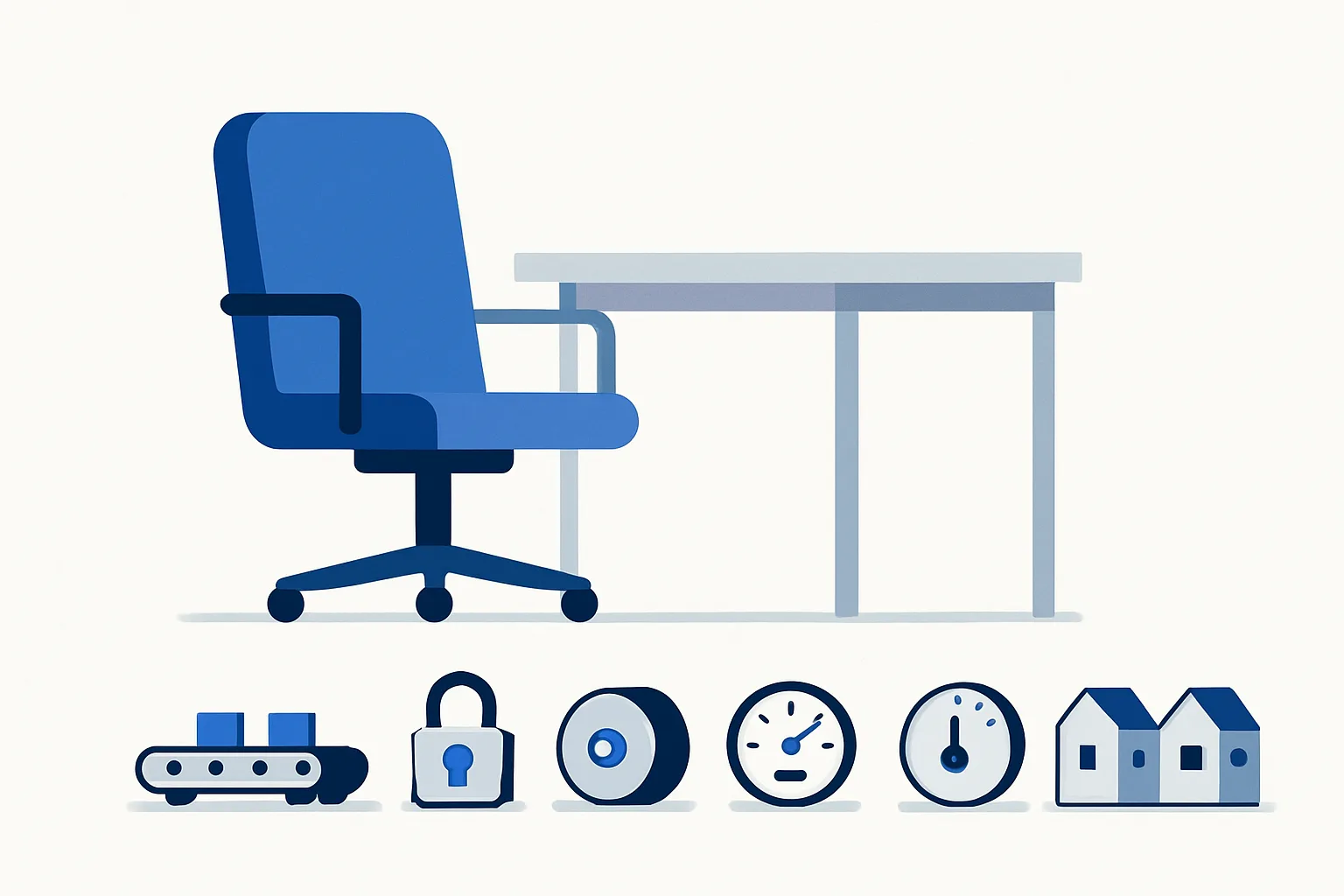 Empty office chair beside six small self-running machines for deploys, TLS, backups, monitoring, cost and environments