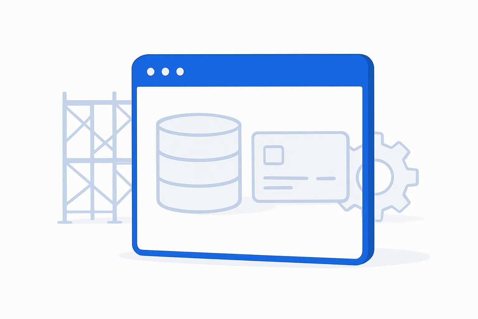 Polished blue browser window with grey scaffolding, a database, a card and a gear waiting behind it
