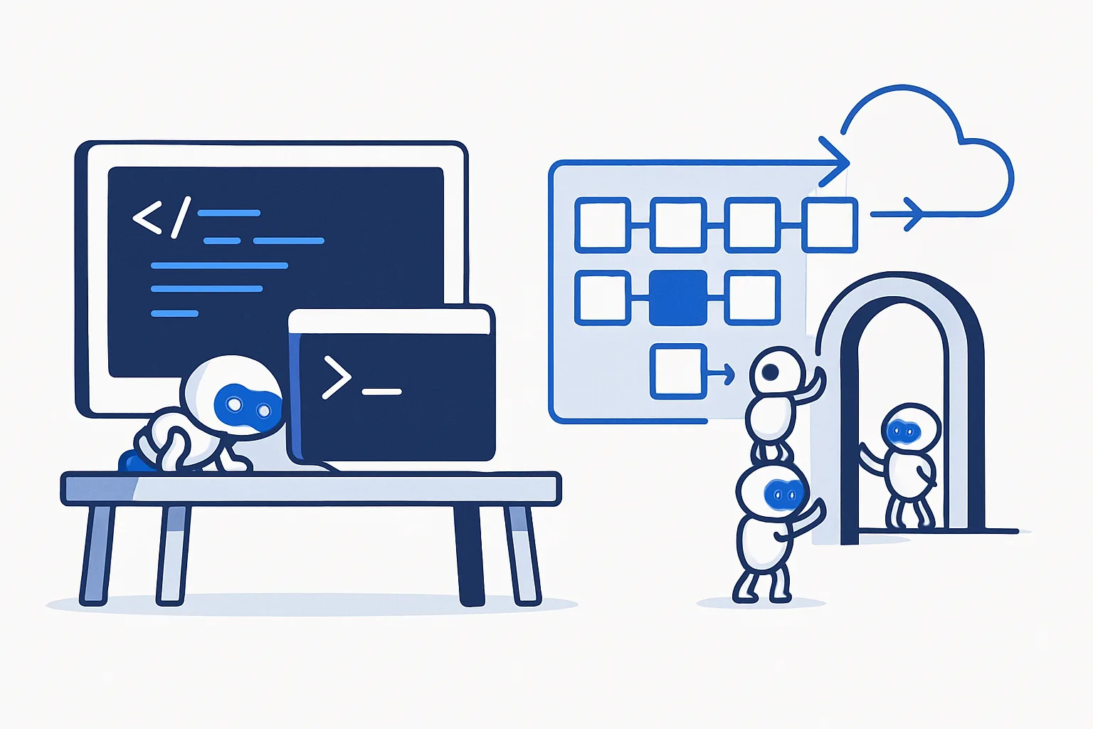 A cloud workspace with an assistant on the left, a task board flowing through a gate to the cloud on the right