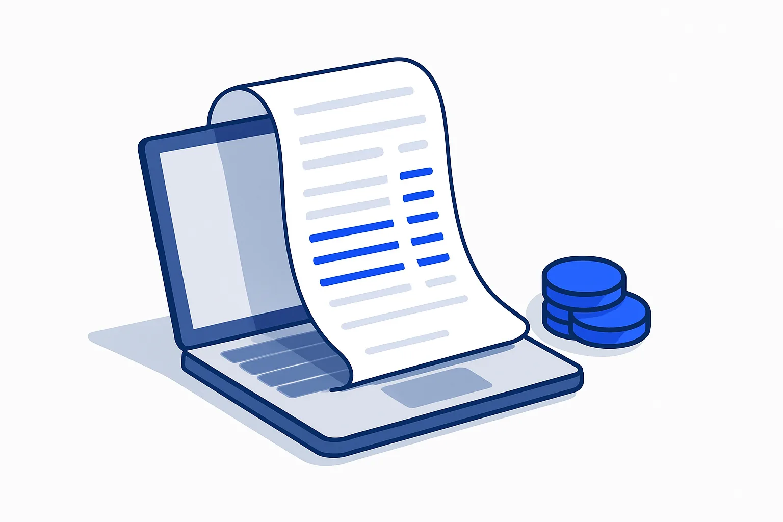 Receipt printing out of a laptop with five line items highlighted in blue and coins beside it