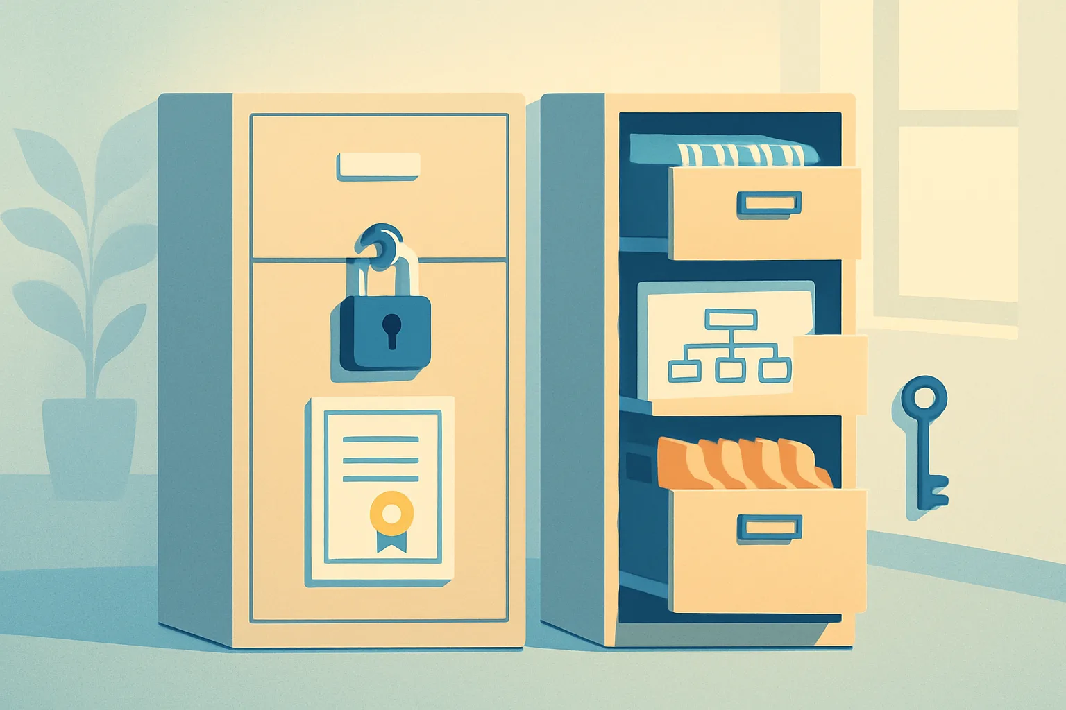 Two filing cabinets: one sealed with a certificate, one open with labelled folders and a key