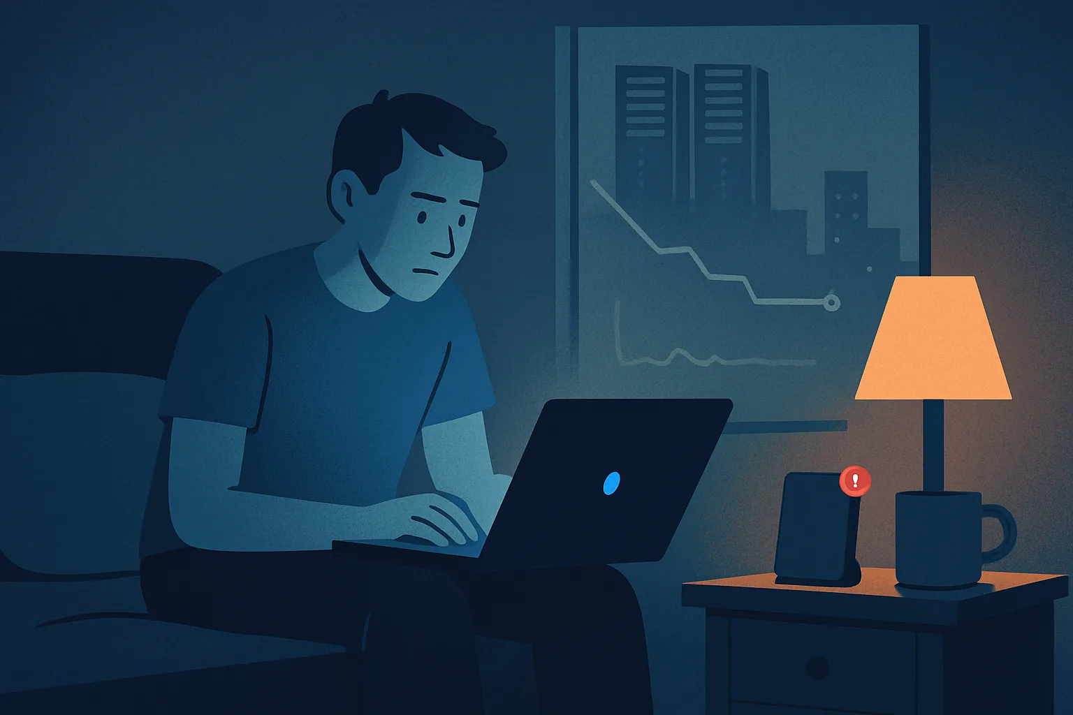 Founder sitting on a bed at 2am with a laptop and a phone showing a red alert from their live app