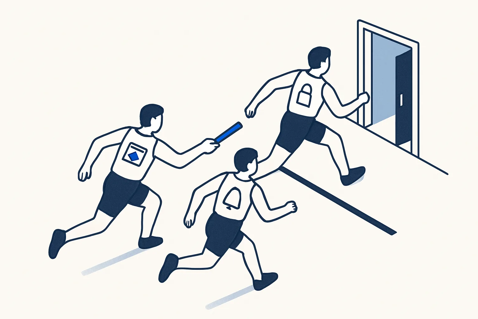 Relay race where a card-shaped baton passes from checkout to webhook to an unlocked account