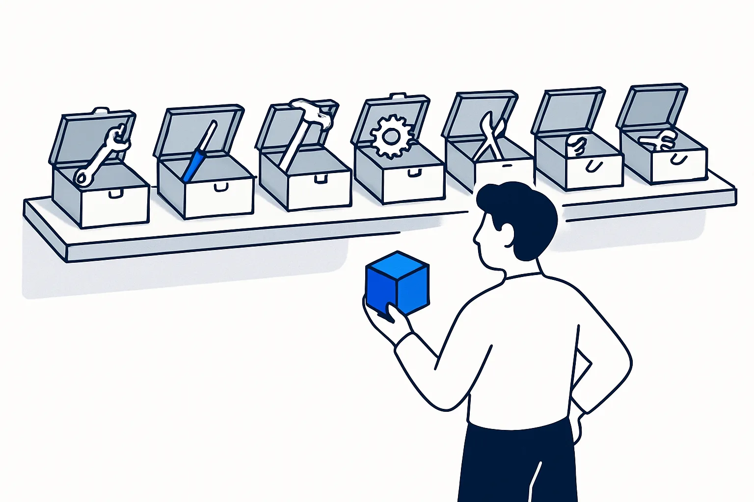 A founder holding a blue cube in front of a shelf of eight open toolboxes, choosing which one fits