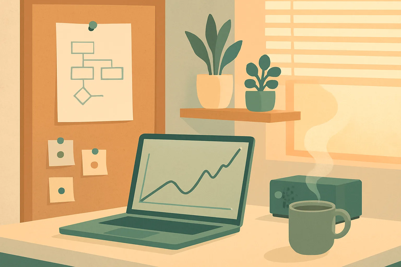 A calm desk the morning after an outage, with a recovering metrics graph and a runbook pinned to a corkboard