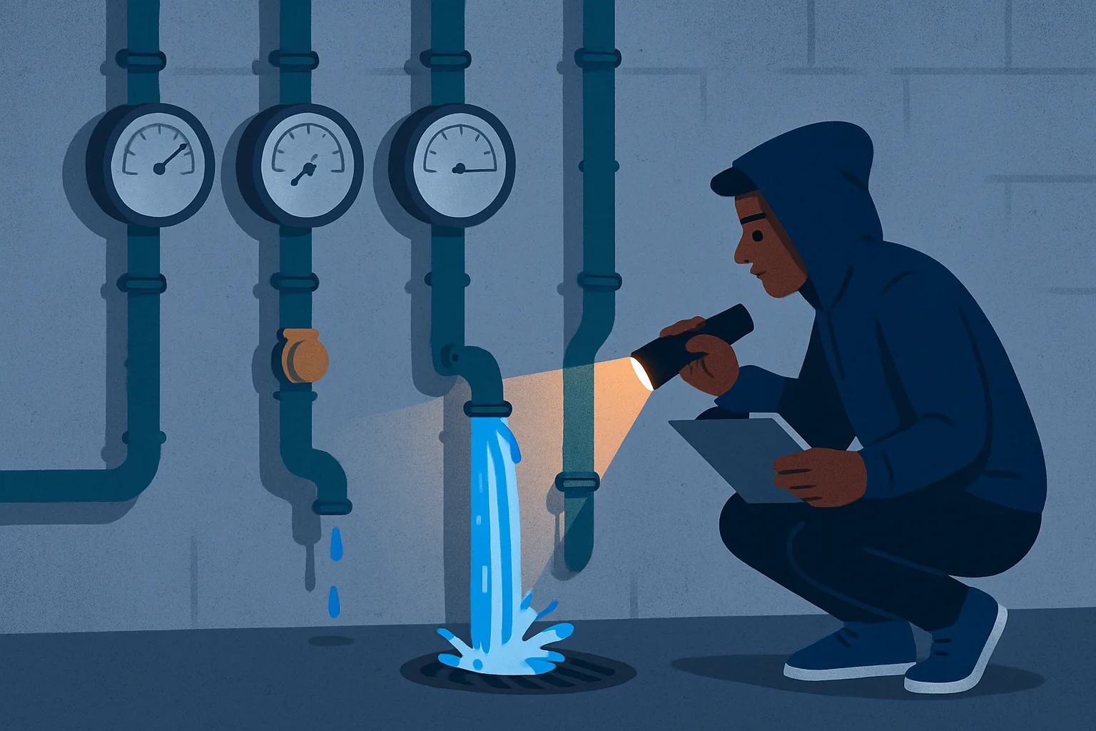 Founder with torch inspecting utility-room pipes and meters, one pipe gushing, another capped off