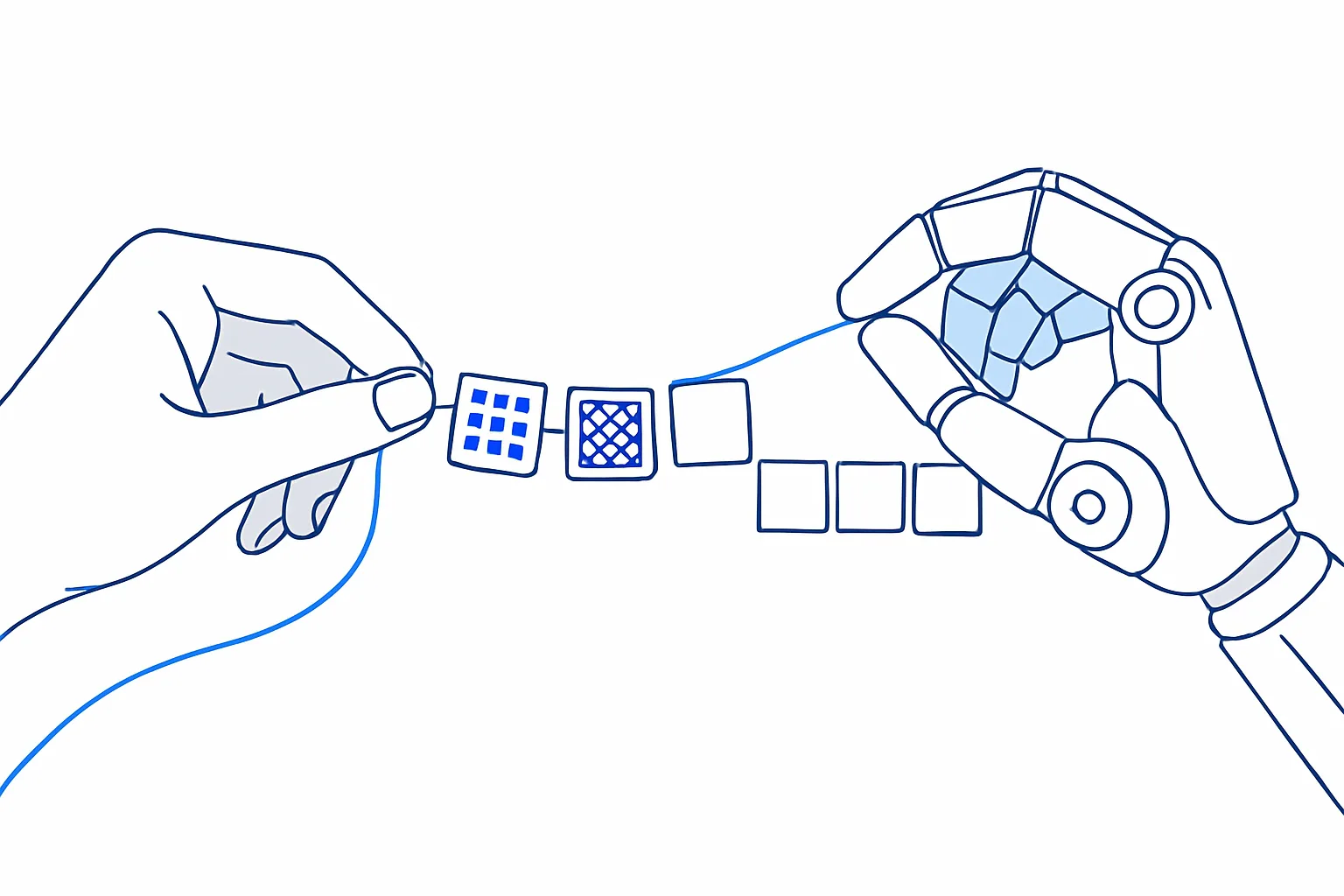 Human hand and robotic hand threading one blue line through a row of tiles, plain near the robot, intricate near the human