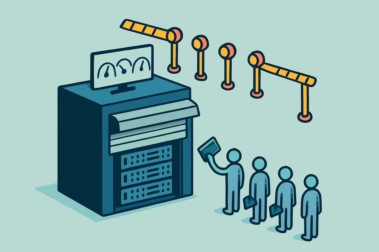 Isometric illustration of customers queuing at a half-open shutter with gate arms blocking the final step
