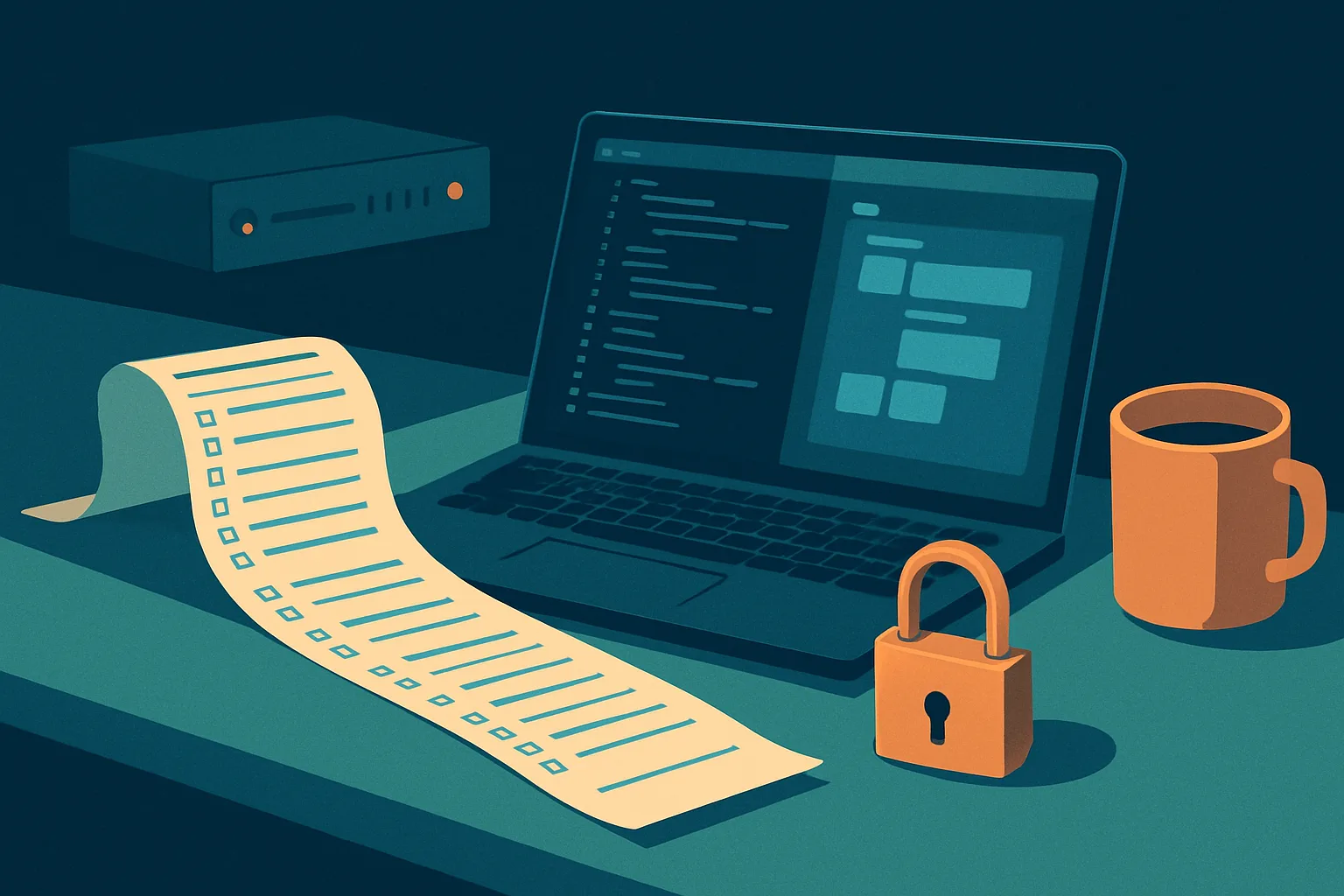 Desk with a long security questionnaire between a code editor laptop and a no-code block editor