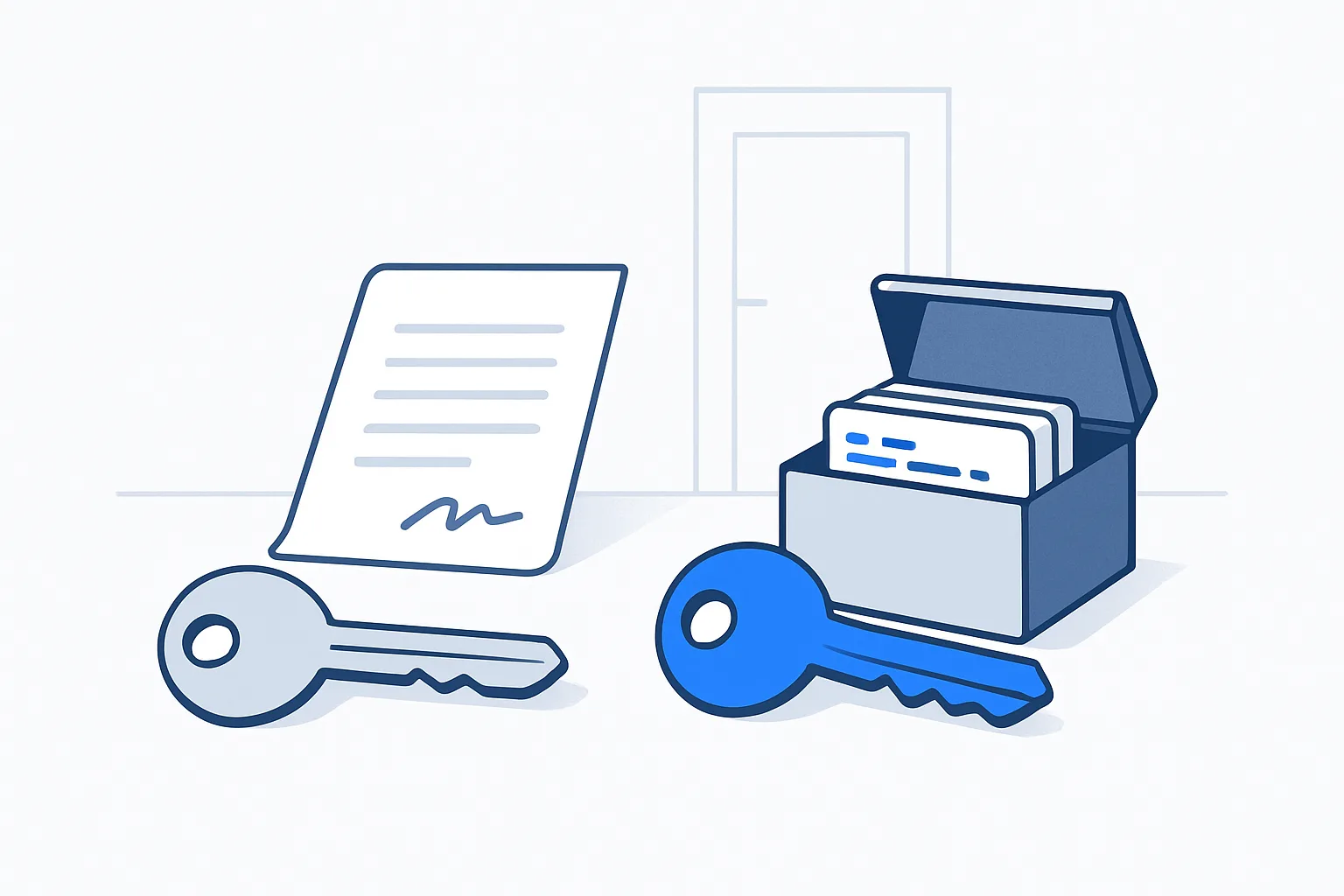 Two keys on a desk: a grey one beside a paper deed and a blue one beside an open box of code cards