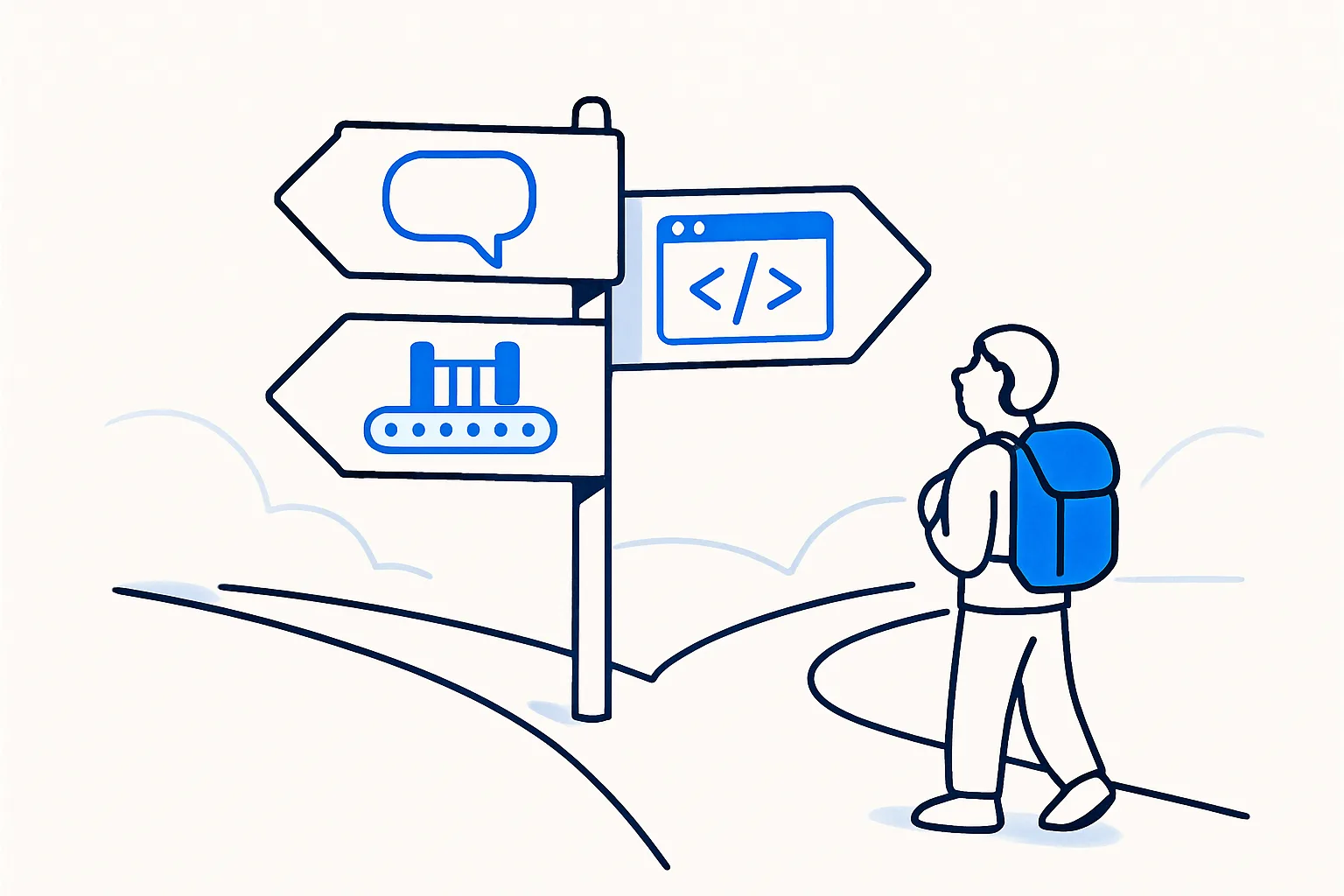 A founder at a fork reading three signposts pointing to a chat, a code editor and a conveyor with a gate