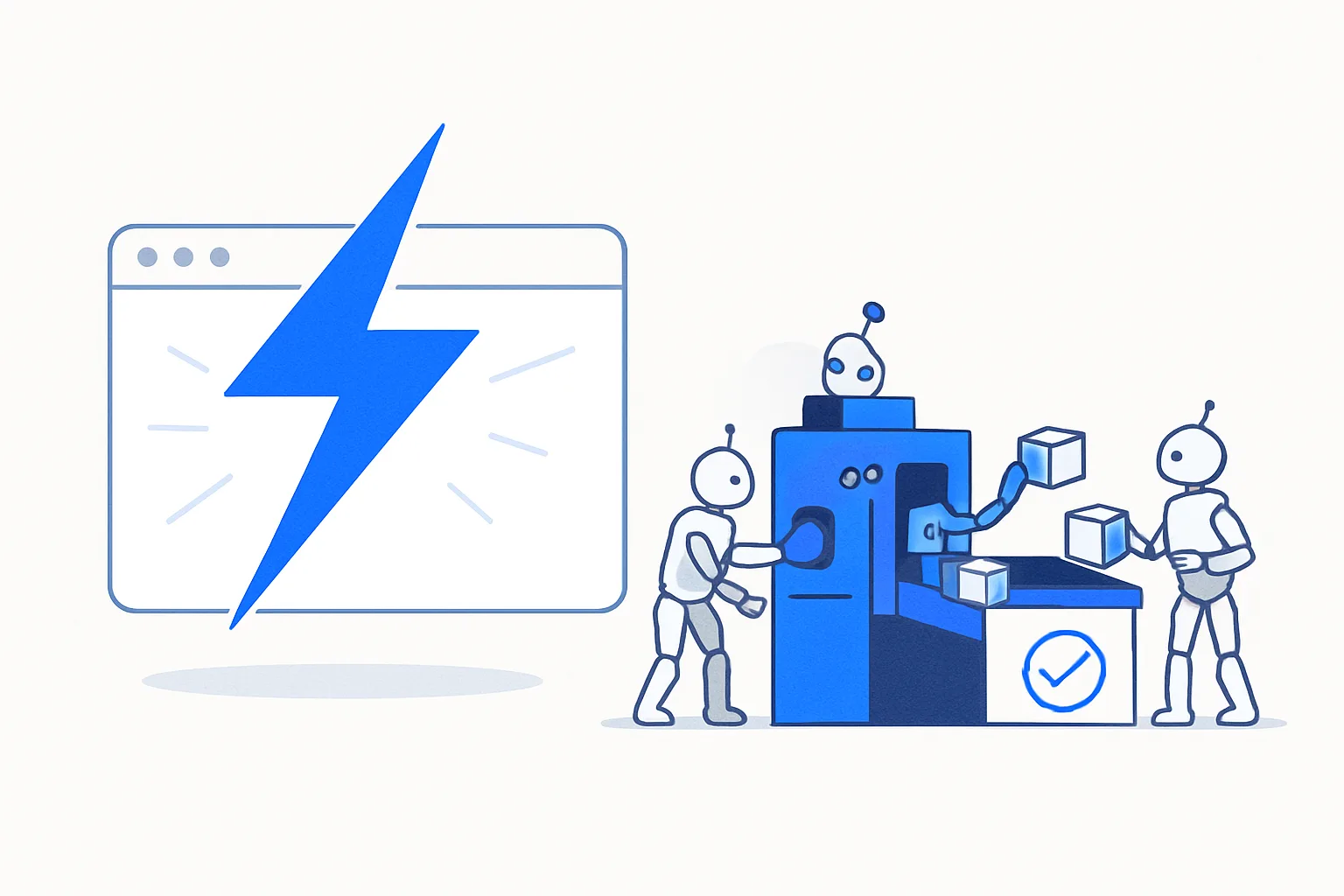 A lightning strike lighting up a browser window beside a team of agents tending a machine that keeps producing