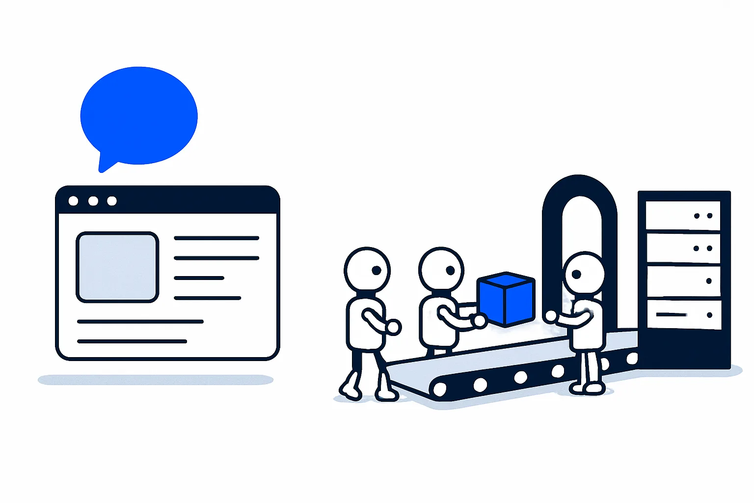 Two paths to a web app: a single chat bubble on the left, a row of agents passing work through a gate on the right