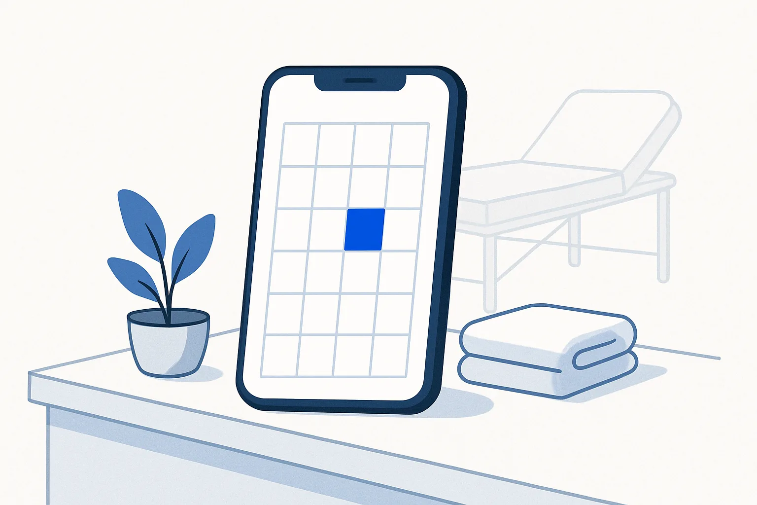 Phone on a clinic counter showing a week grid with one blue booked slot, a plant and a towel beside it