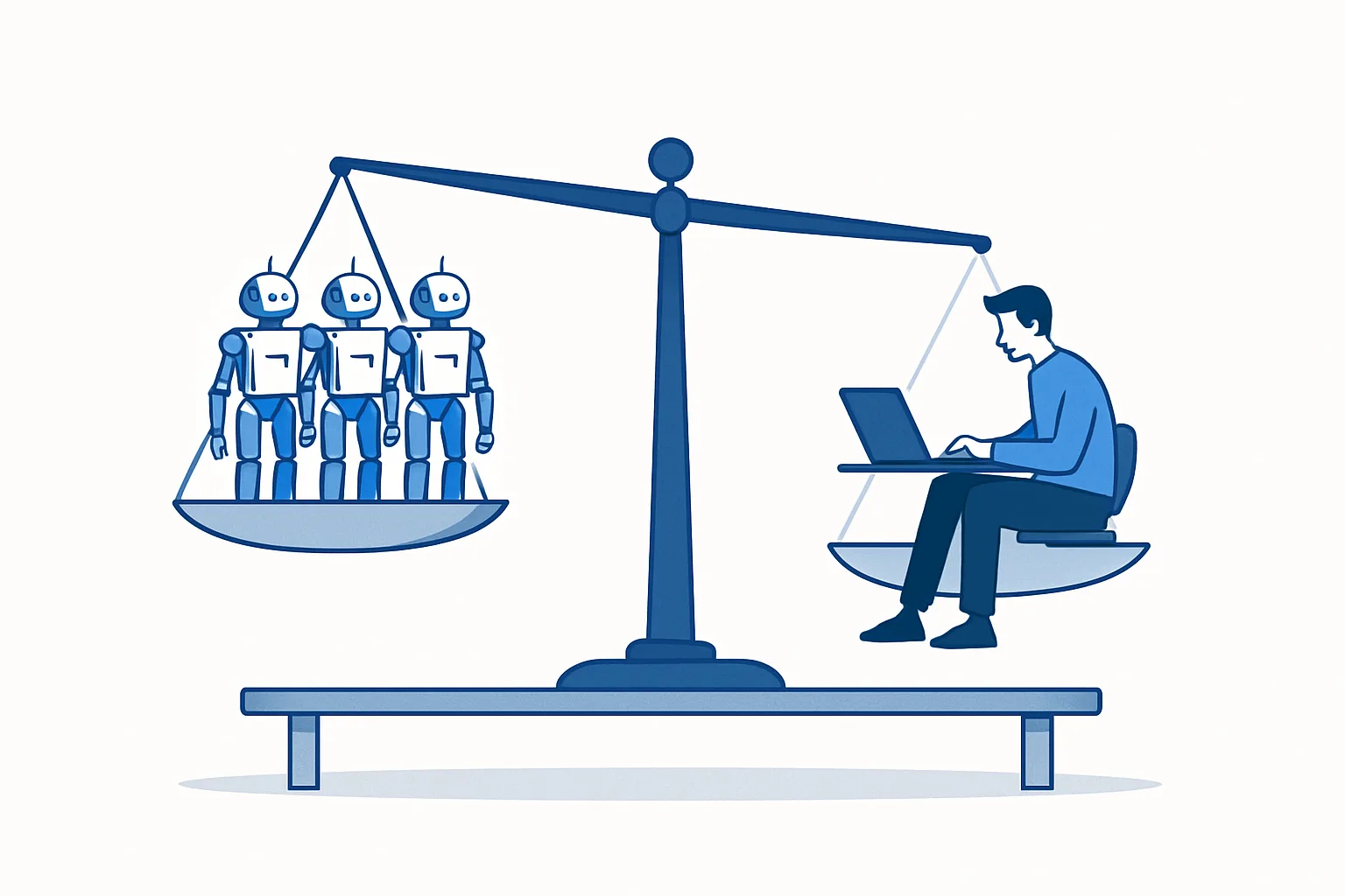 Balance scale weighing three small robot figures against one human developer at a laptop