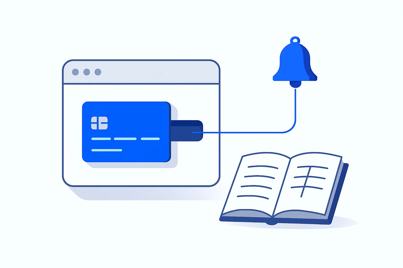 Payment card entering a browser window, with a blue line running to a bell and an open ledger