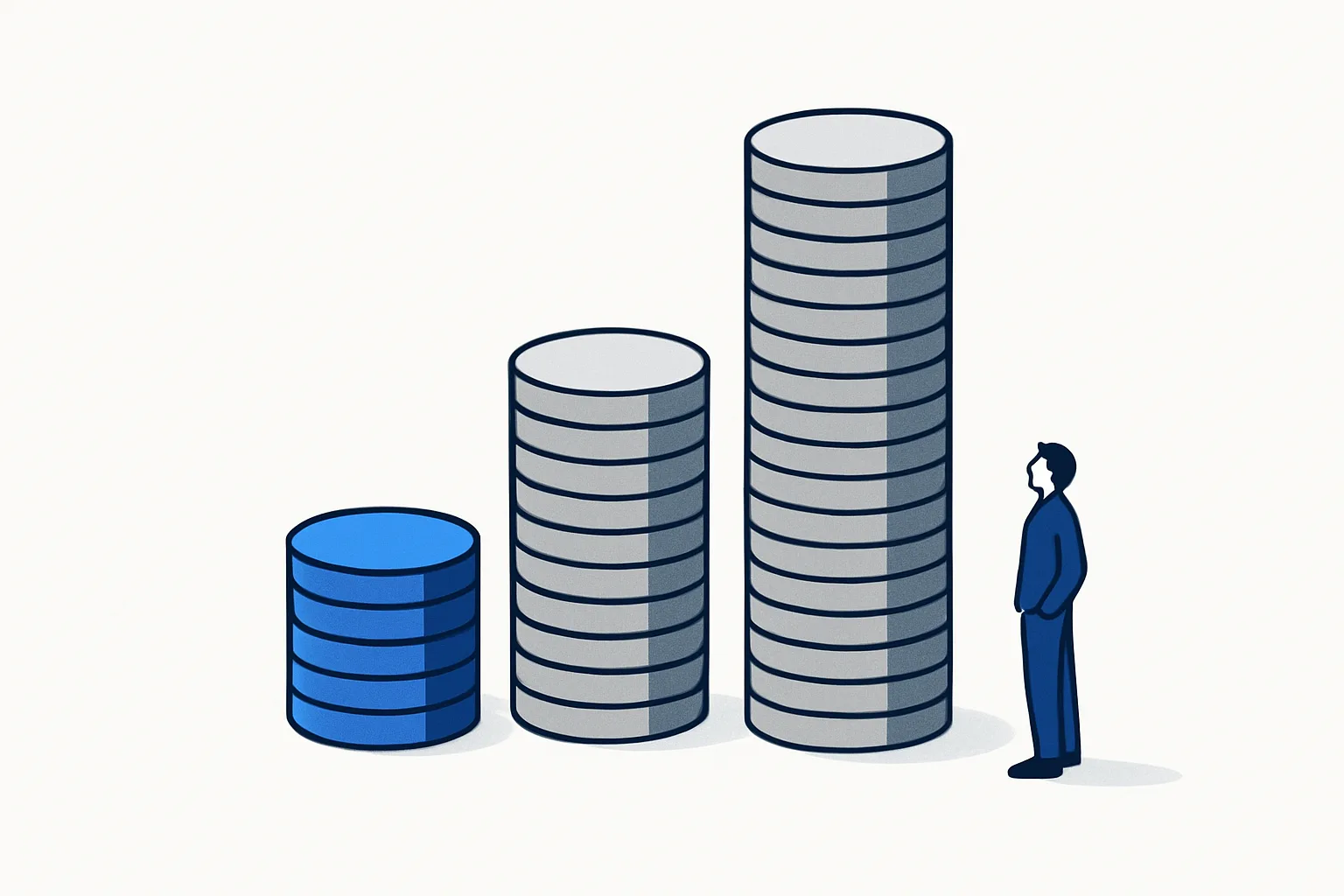 Four coin stacks of different heights with a small figure beside the shortest blue stack