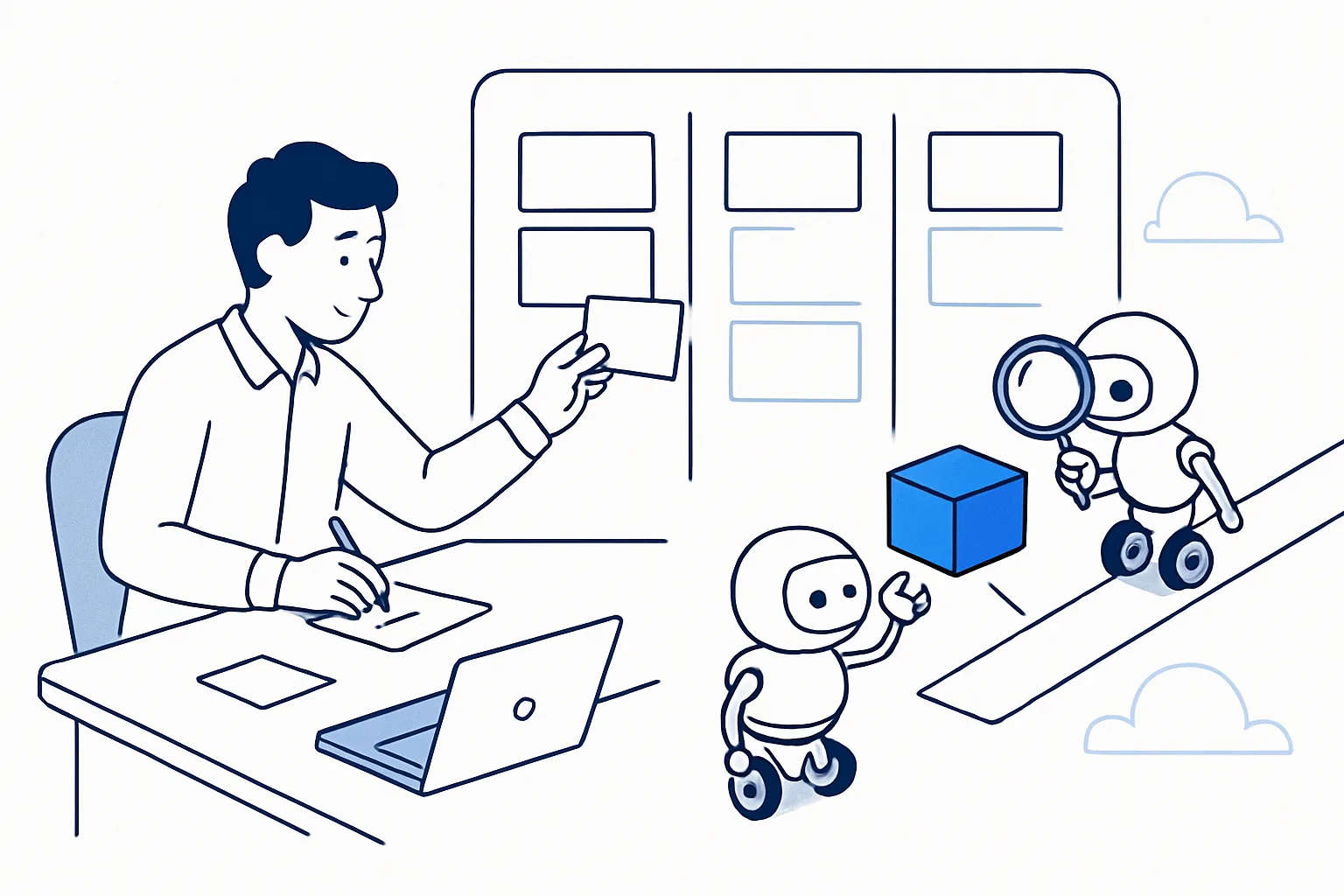 Founder placing a task card on a board while one agent builds it and another reviews it before deployment