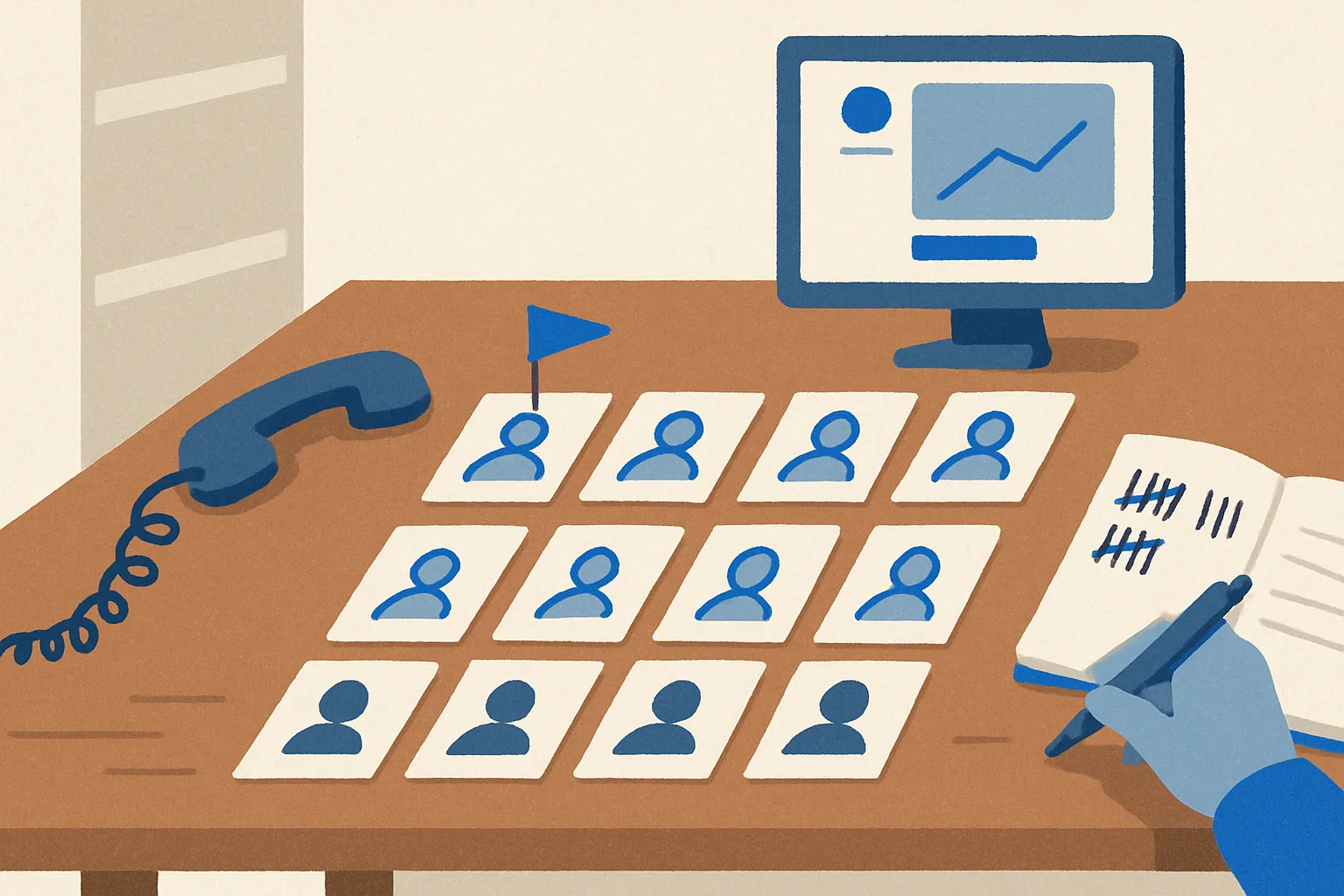 Founder hand-onboarding ten customers with index cards and a notebook beside a running app on a monitor