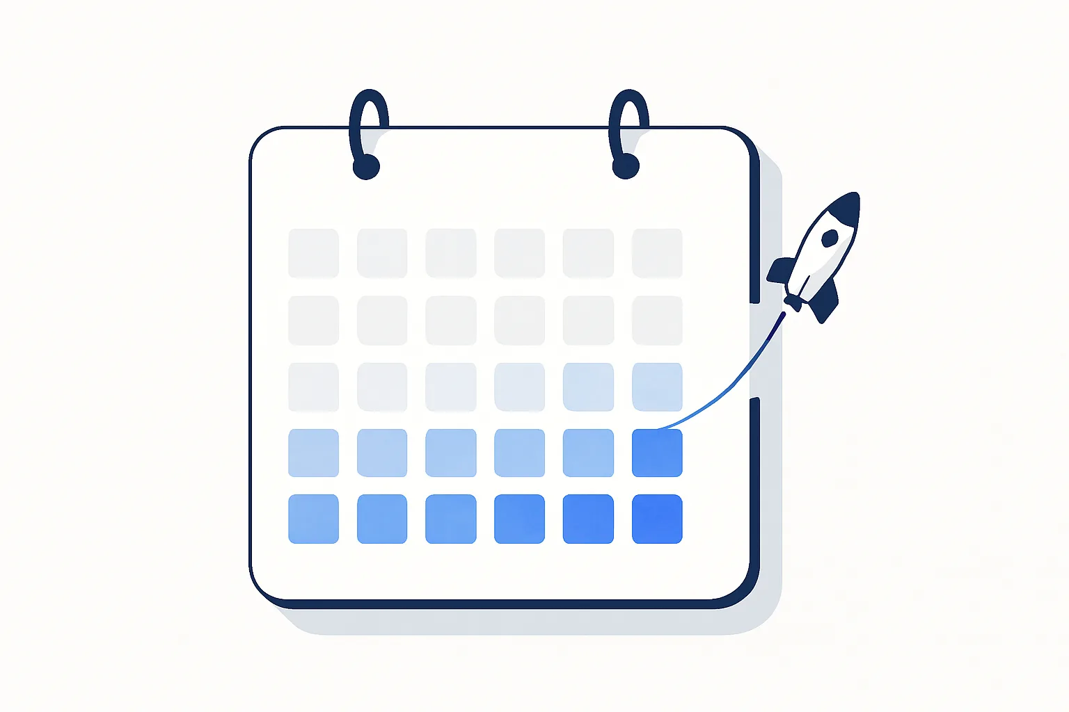 Calendar page with thirty squares shaded by week and a small rocket lifting off from the last day