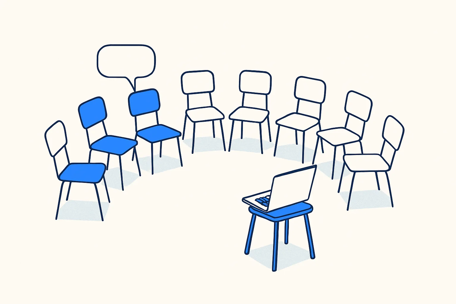 Ten chairs in a semicircle facing a laptop, three filled in blue, one with a speech bubble