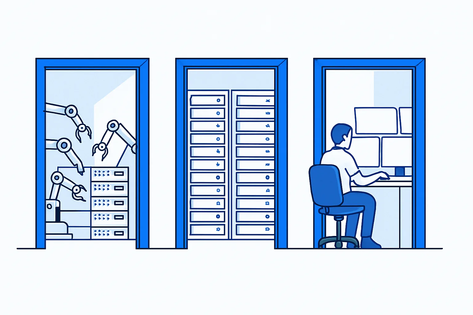 Three doors opening onto a platform of agents, a rack of managed hosts, and a lone engineer at many screens