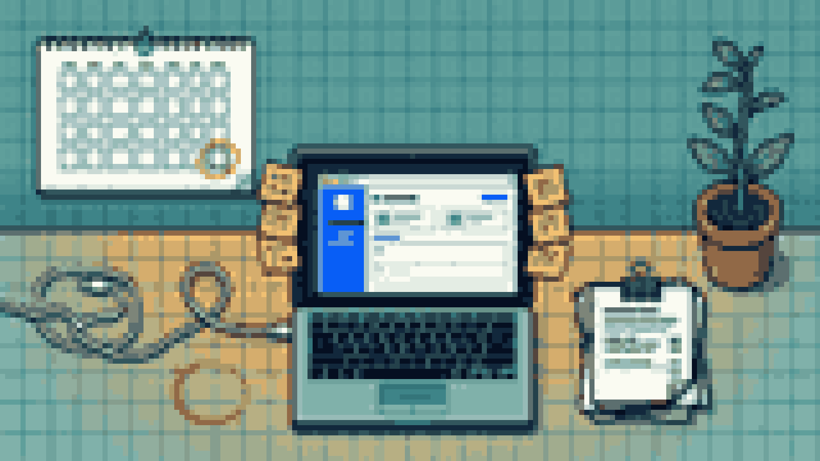 Overhead illustration of a founder's desk on day 90: wall calendar, app dashboard, stack of change requests