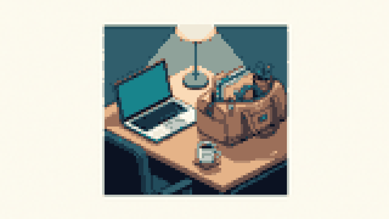A founder's desk with a packed bag of files and keys beside a laptop, and an empty chair waiting for a new developer