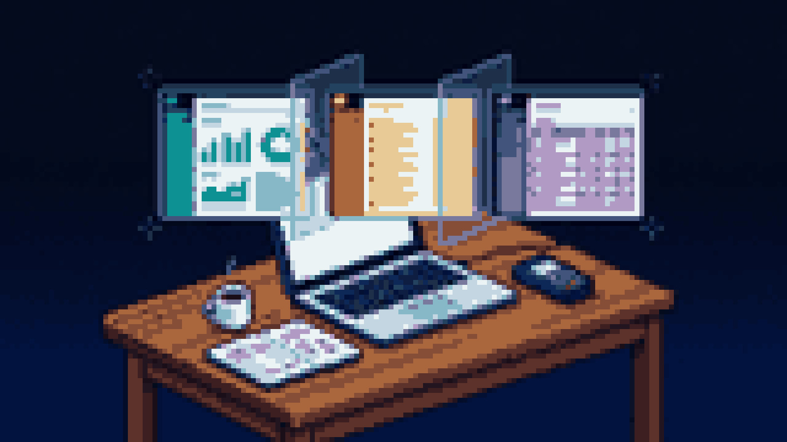 A laptop projecting three app panels with different customer data, separated by glass partitions, one cracked