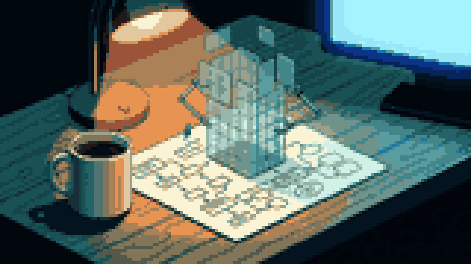 A hand-drawn one-page spec on a desk with a small glass building assembling itself above it