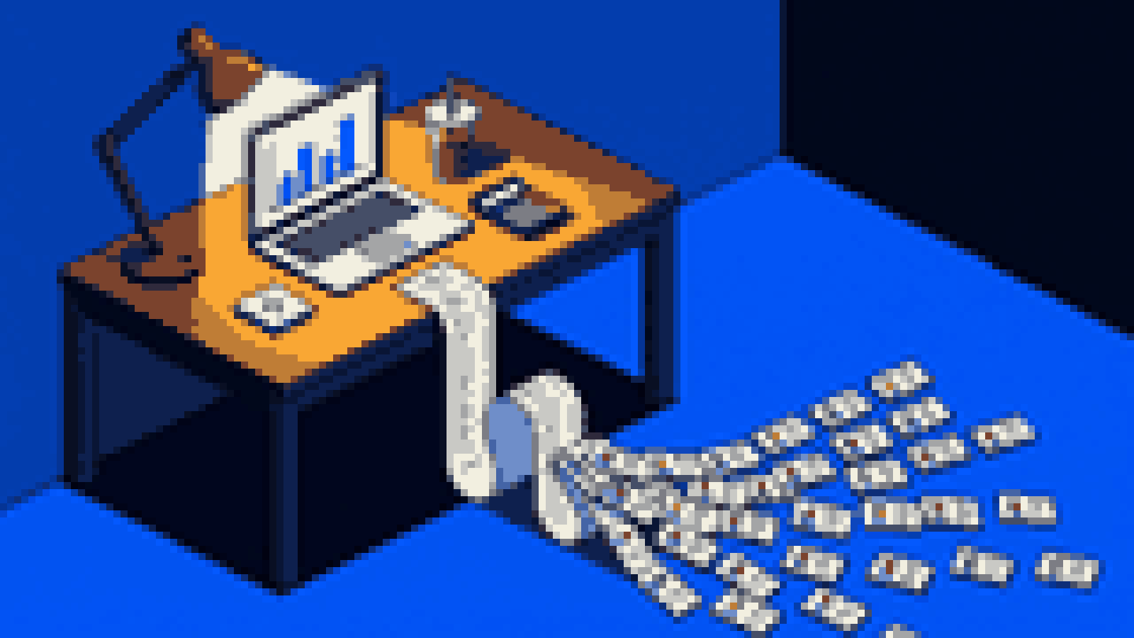 Illustration of an AWS bill receipt splitting into fifty small per-customer tickets on a founder's desk