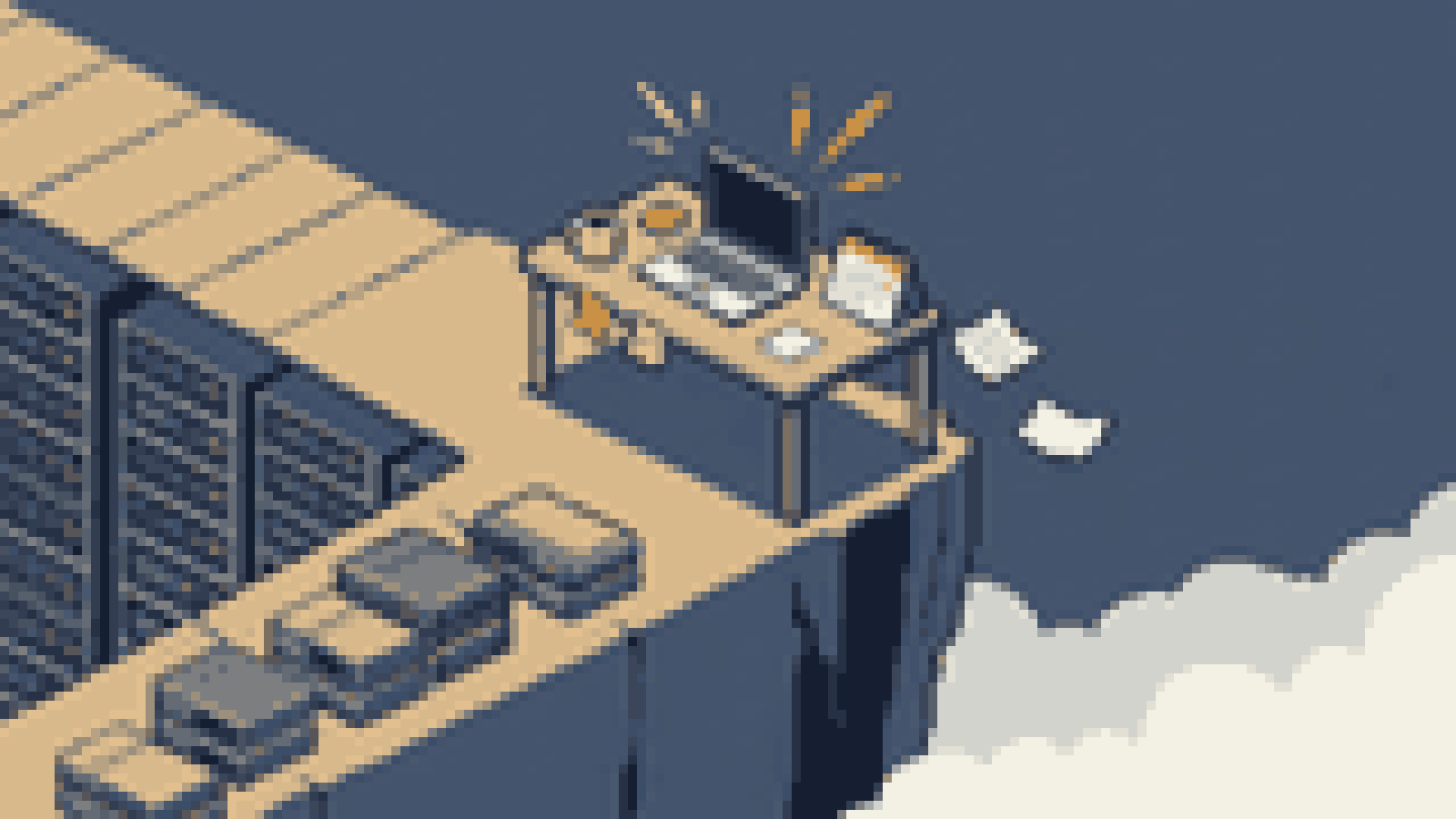 A desk on a plateau of server racks ending at a cliff edge, calendar pages blowing into the drop