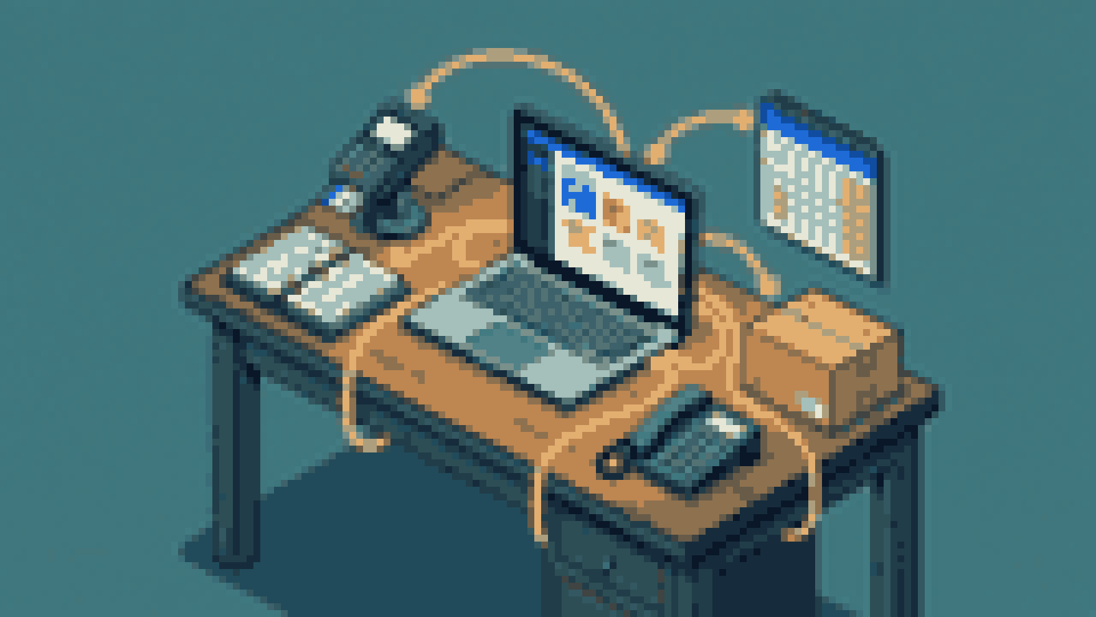Illustration of a small-business desk where a laptop app is wired to a card reader, ledger, calendar and parcel