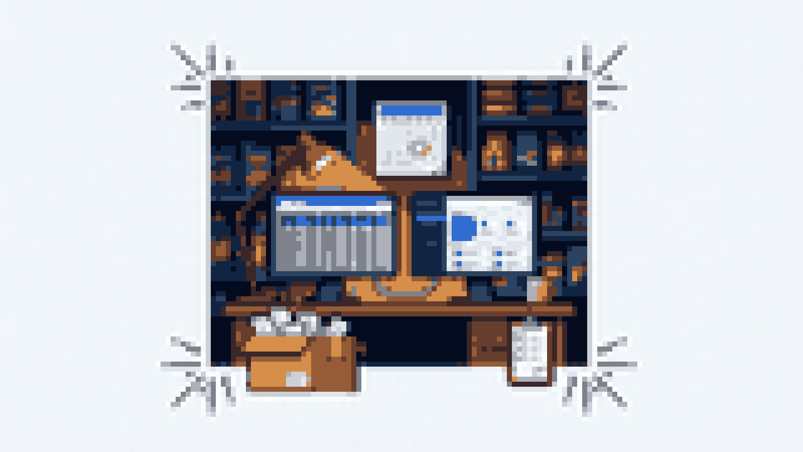 Shop back office desk with a spreadsheet screen cabled to a new app dashboard and a calendar date circled