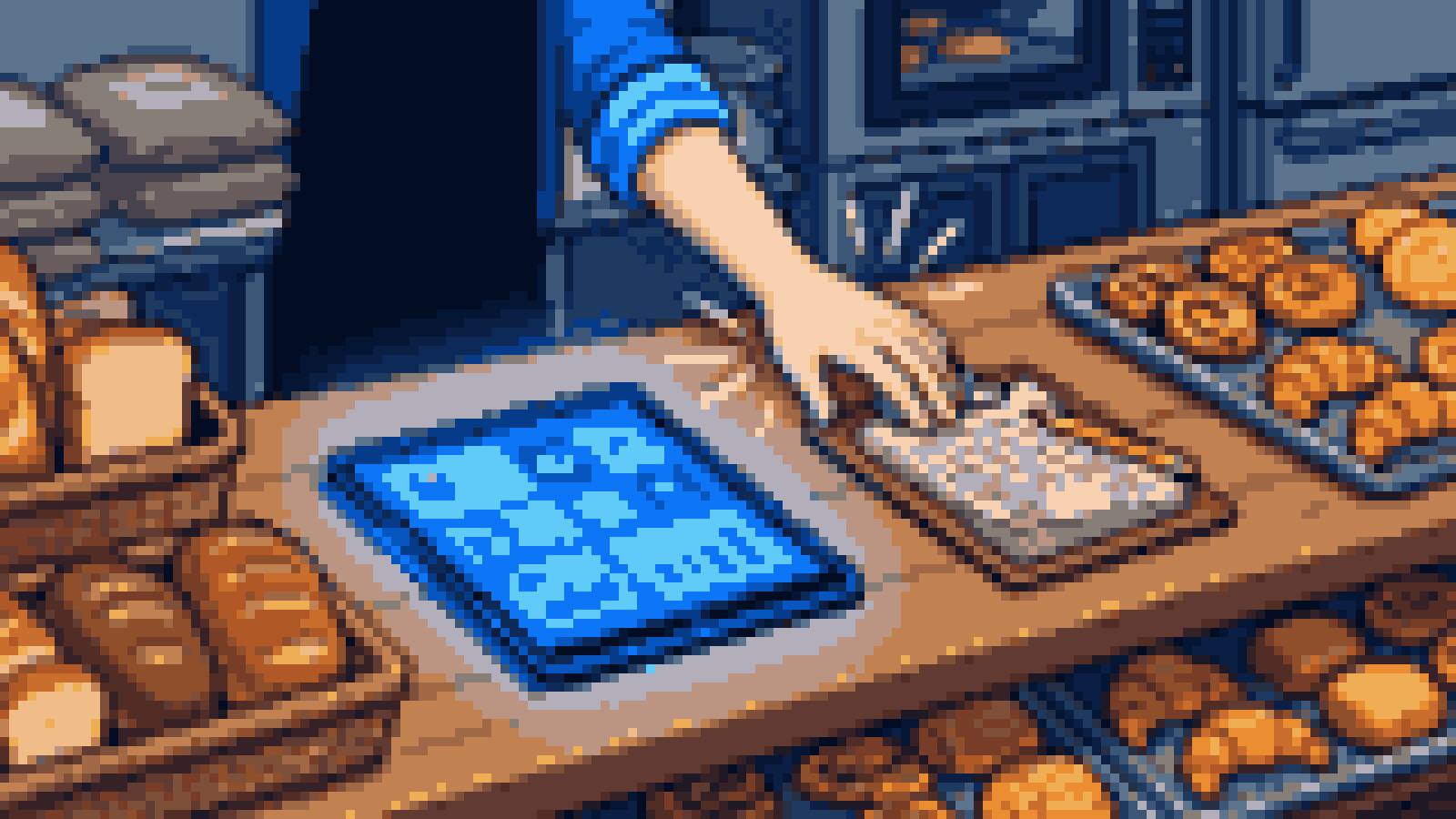Bakery counter where a staff hand reaches past a glowing app tablet for a worn paper clipboard