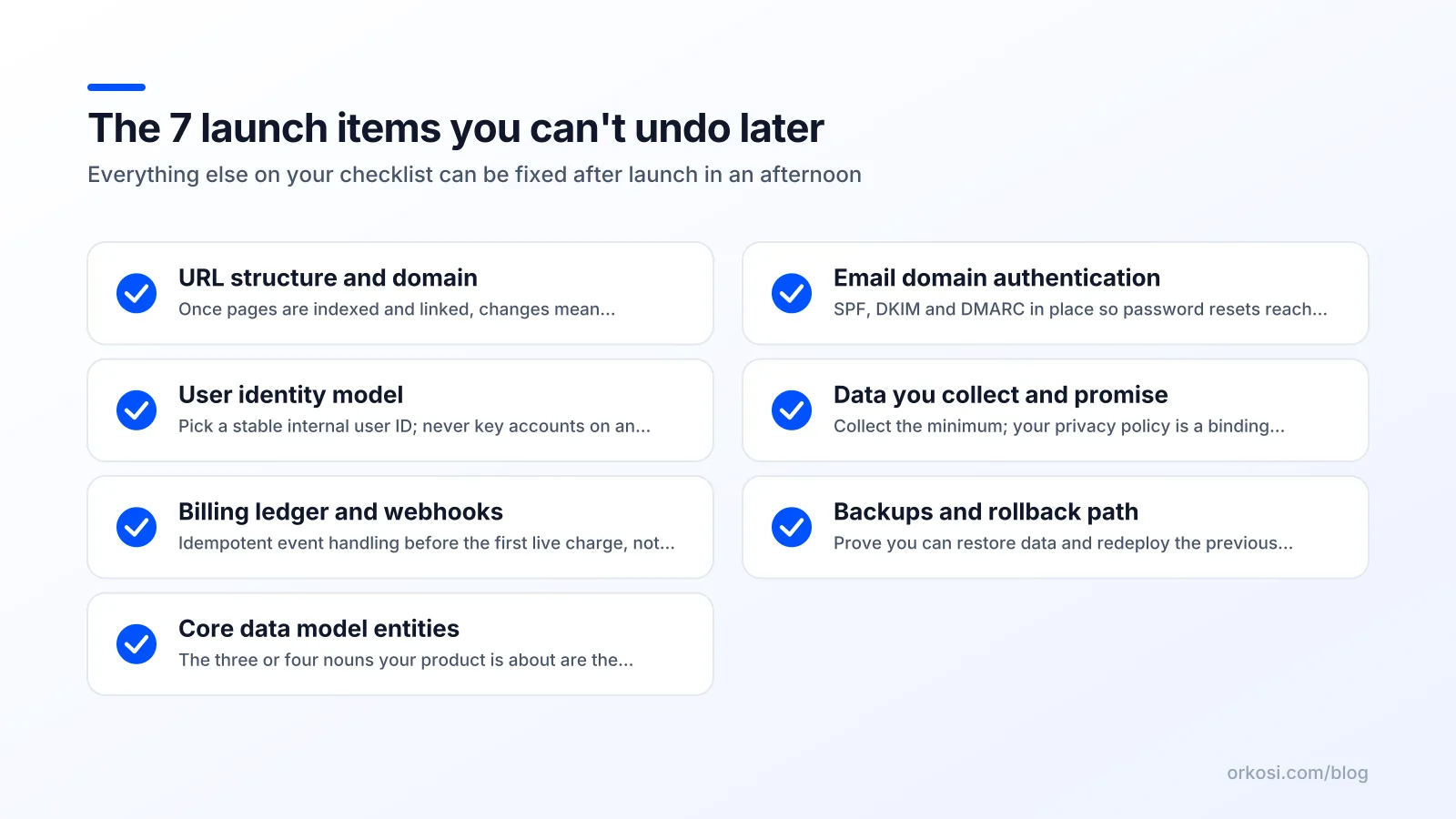 Checklist diagram of the seven SaaS launch items that cannot be undone after going live