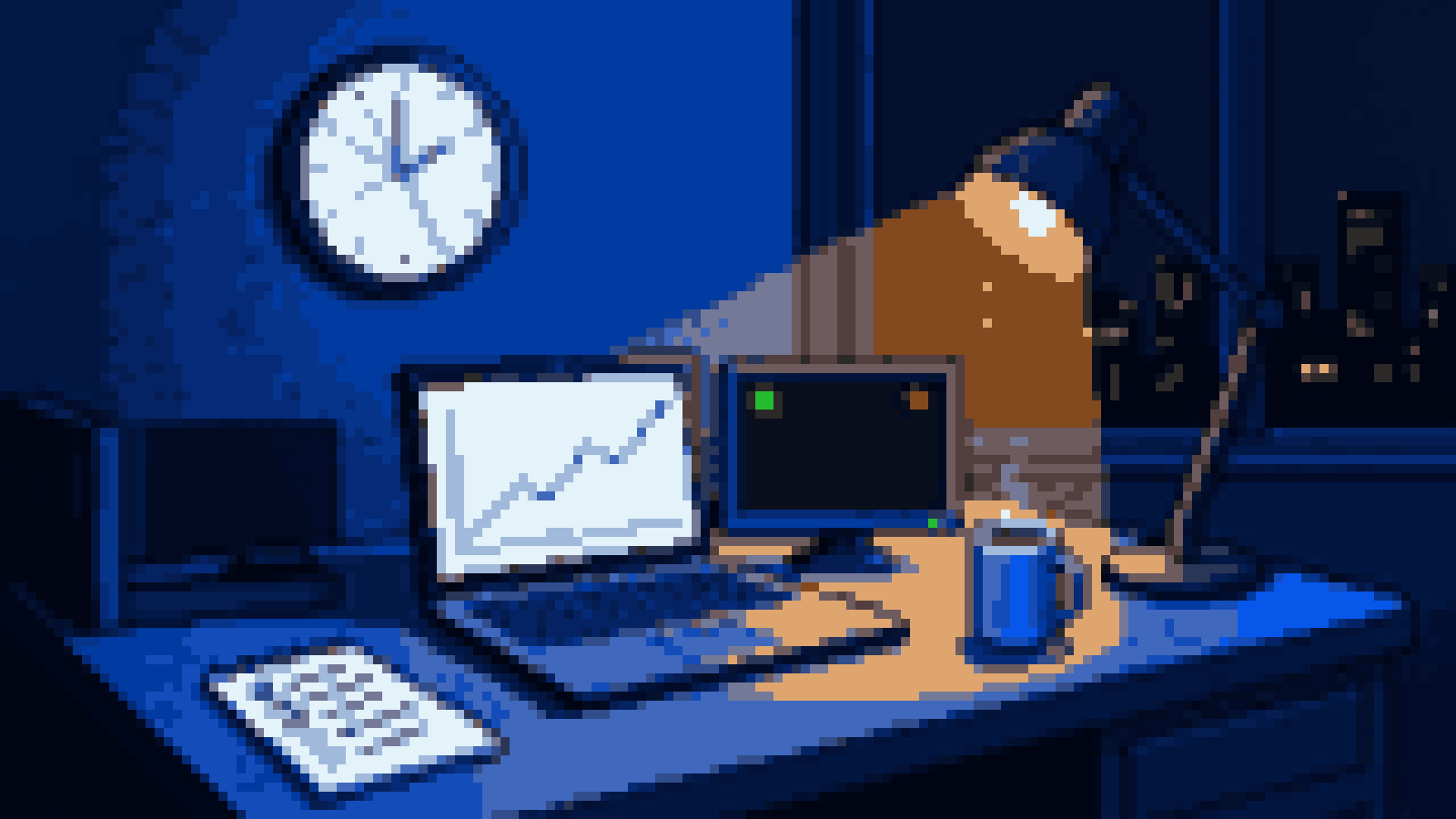 Night-time founder's desk with signup chart, uptime light, alert dot and a handwritten launch checklist